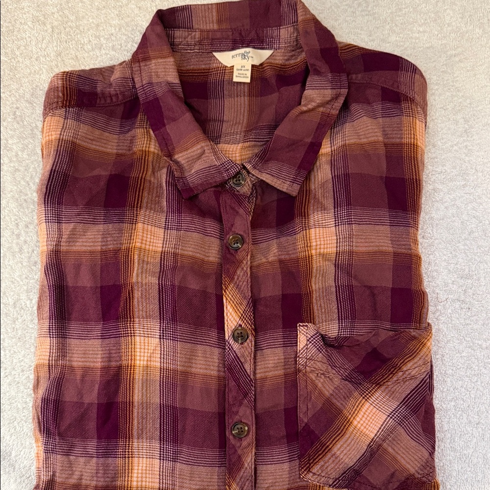 Terra & Sky Women's Plaid Button Down Shirt Lightweight Boyfriend Relaxed Grunge